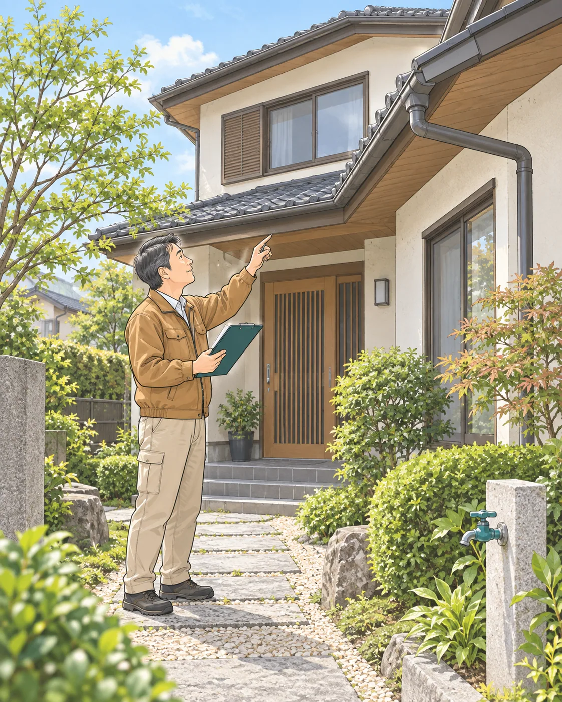 住まなくなった家を外から点検するのイラスト