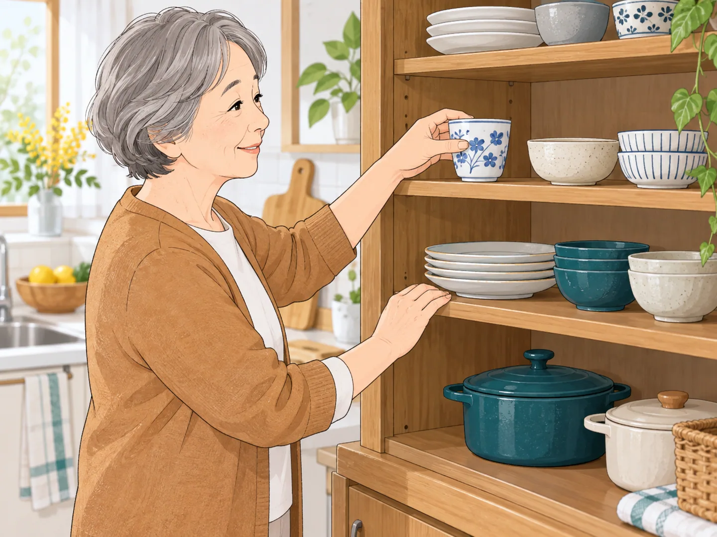 毎日使う食器を取り出しやすい高さに置くイラスト