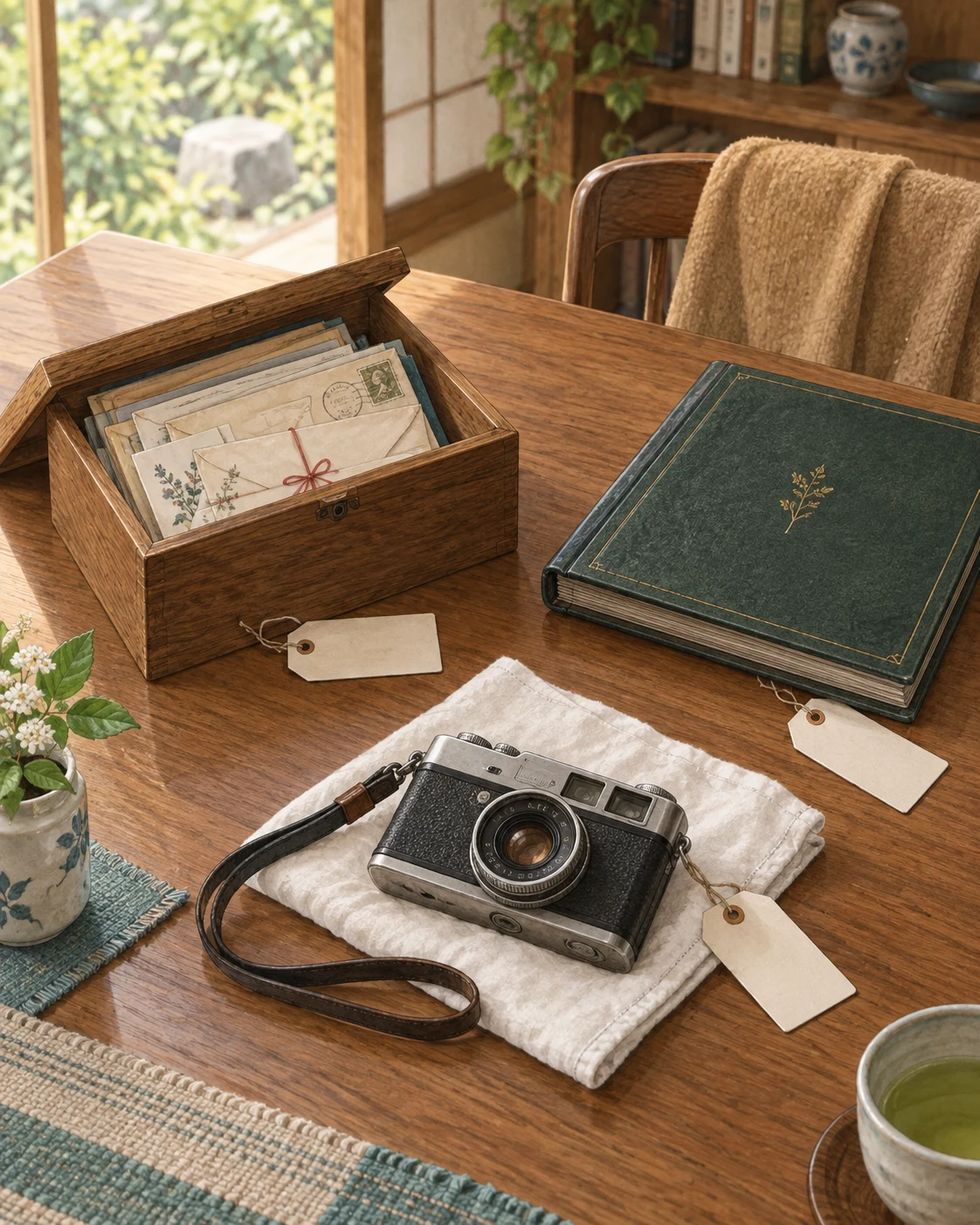家族へ残す写真や思い出の品を丁寧に分けた作業台(生成イメージ)