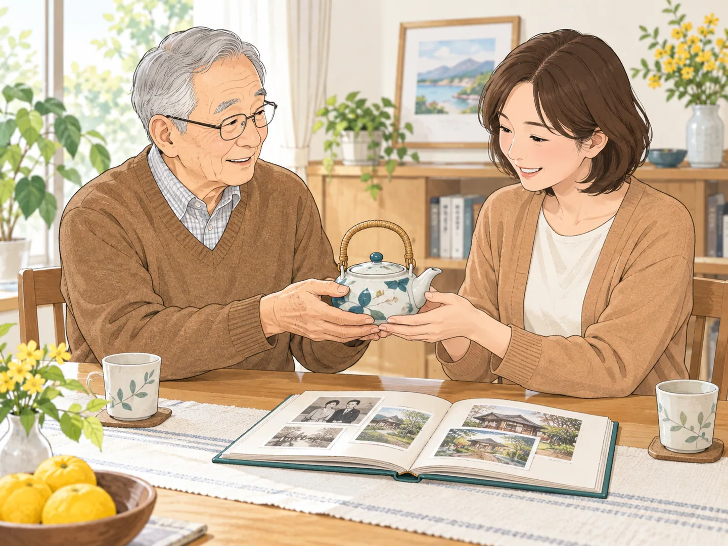 物と一緒に思い出を受け渡すのイラスト
