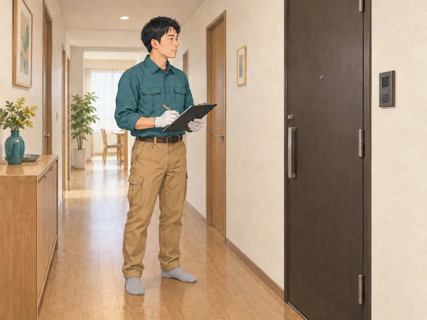 室内の搬出経路を確認し、必要な作業を記録する担当者