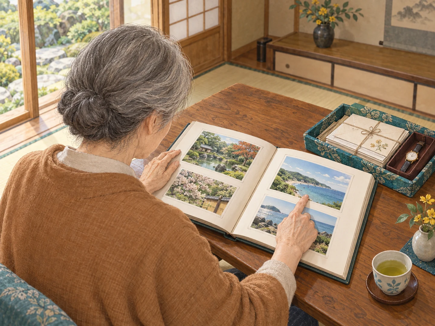 机に開いたアルバムを見ながら、残したい写真を確かめる女性のイラスト