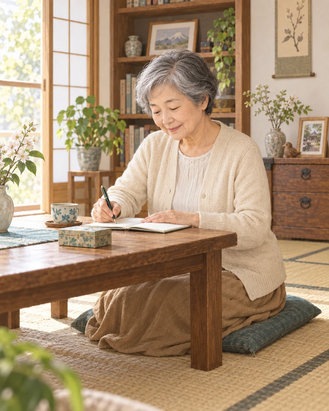 これからの暮らしを思い描き、大切な持ち物とメモを見直す女性(生成イメージ)