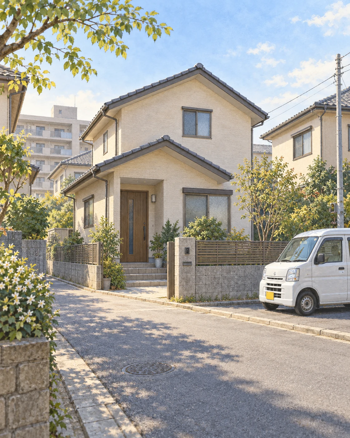 戸建て住宅と集合住宅が並ぶ街に訪問車が停まるイメージのイラスト