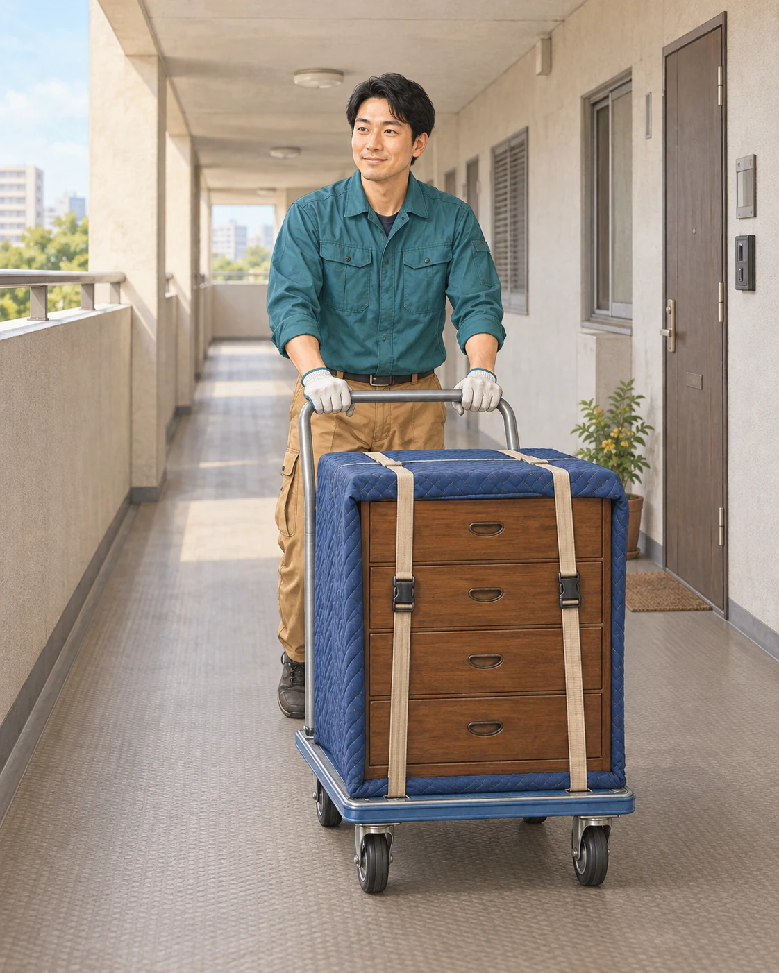 集合住宅の廊下で、養生した家具を台車で運ぶ担当者のイラスト