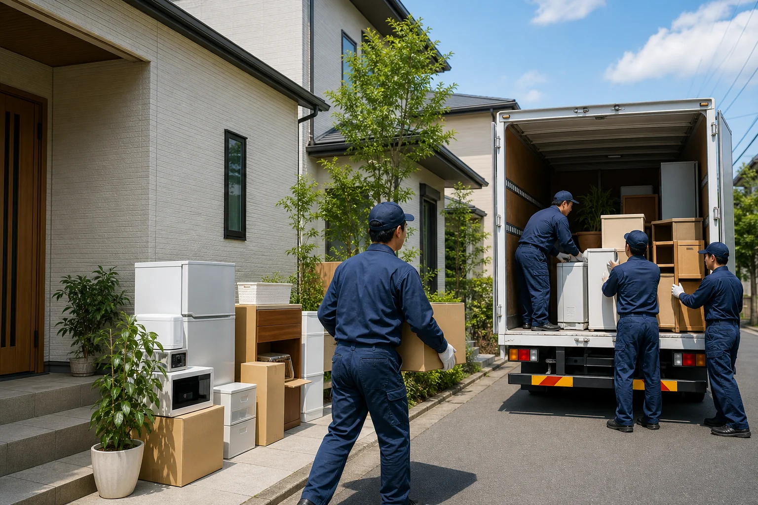 戸建てから家財を搬出してトラックへ積み込む不用品回収スタッフ